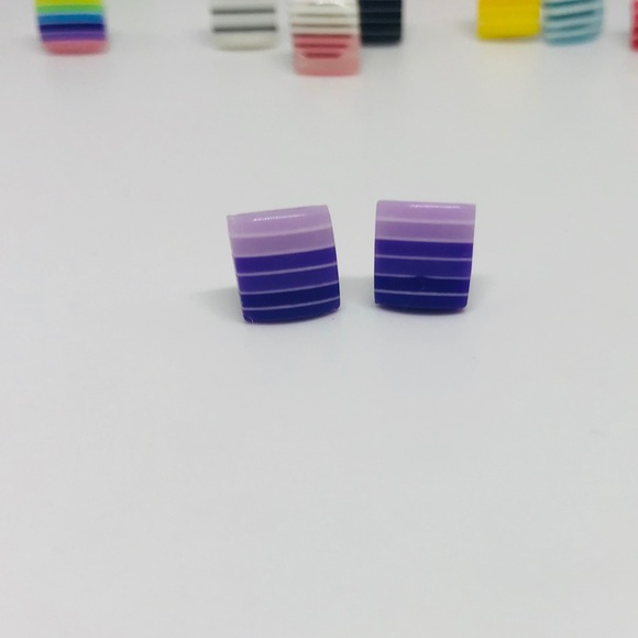 Purple Minimalist Repurposed Vintage Striped Bead Stud Earrings - Picture 5 of 13
